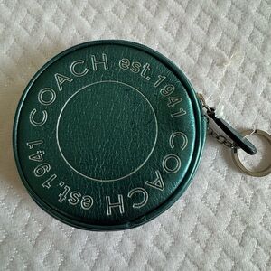Coach Round Leather Keyring Pouch in Teal Green with Silver Hardware